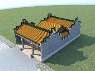 Traditional Ancient Architecture Featuring Yellow Tiled Roof Gray Brick Walls And Curved Eaves 3d model