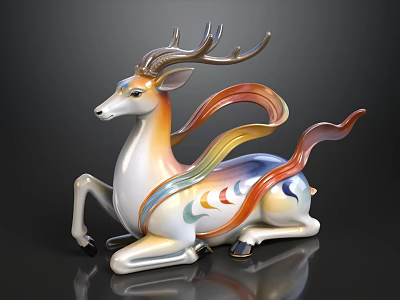 Colorful Ceramic Deer Decorative Ornament With Flowing Rainbow Patterns In Reclining Pose 3d model