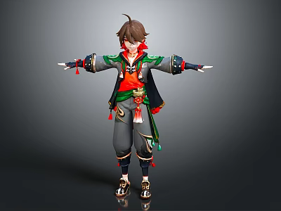 3D Young Boy Character Model Wearing Traditional Outfit With Green Red Accents And Standing Pose 3d model