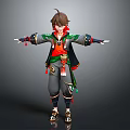 3D Young Boy Character Model Wearing Traditional Outfit With Green Red Accents And Standing Pose