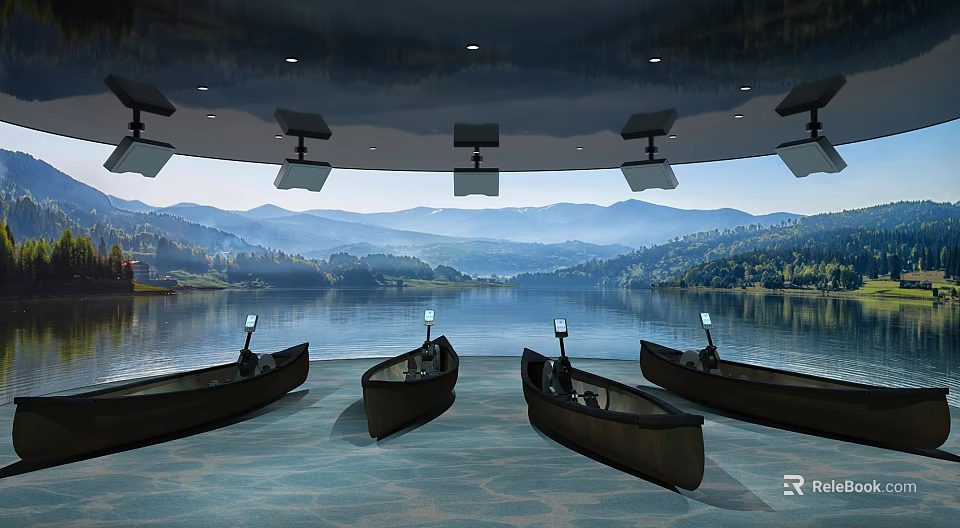 Four Wooden Canoes On Calm Water With Scenic Mountain Lake Tree Landscape 3d model 