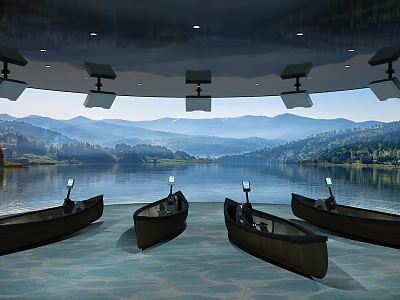 Four Wooden Canoes On Calm Water With Scenic Mountain Lake Tree Landscape 3d model