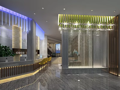 Modern Hotel Lobby Interior With Chandelier Marble Floor And Reception Desk 3d model