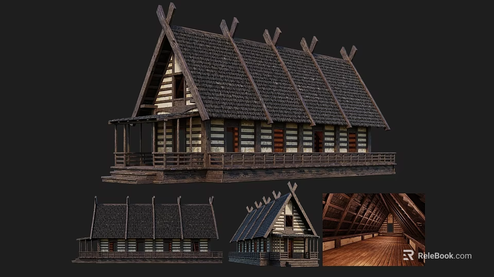 Traditional Ancient Wooden Building With Unique Spiked Roof Decorations Wooden Walls And Veranda 3d model 