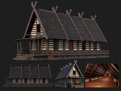 Traditional Ancient Wooden Building With Unique Spiked Roof Decorations Wooden Walls And Veranda 3d model