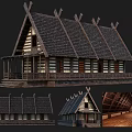 Traditional Ancient Wooden Building With Unique Spiked Roof Decorations Wooden Walls And Veranda