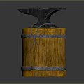 Vintage Anvil Placed On Rustic Wooden Barrel With Metal Hoops
