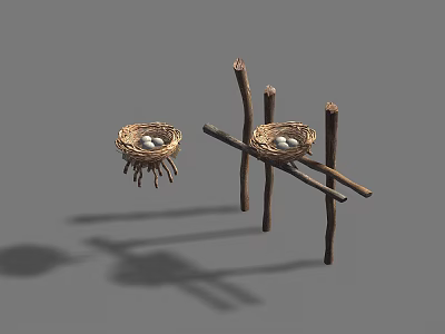 Natural Bird Nests With Eggs On Crossed Wooden Branches And Stands 3d model