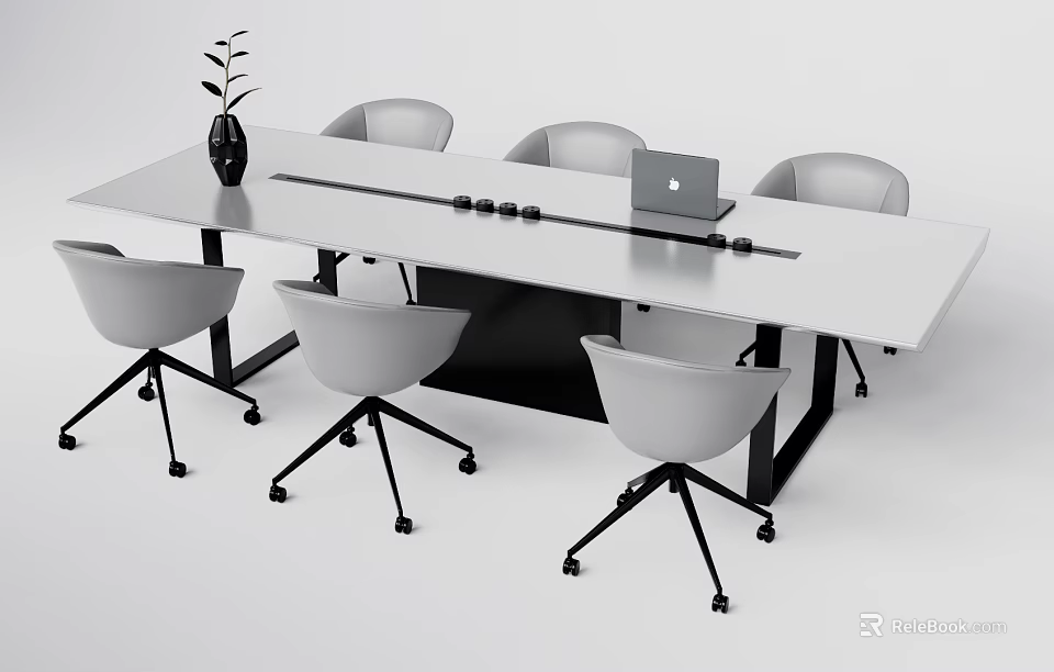 Modern Conference Table With White Tabletop Black Legs Laptop Vase Plant And Gray Chairs 3d model 