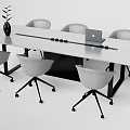 Modern Conference Table With White Tabletop Black Legs Laptop Vase Plant And Gray Chairs