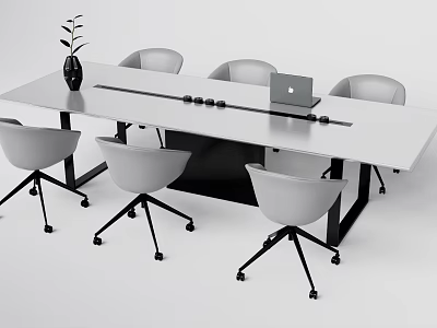 Modern Conference Table With White Tabletop Black Legs Laptop Vase Plant And Gray Chairs 3d model
