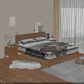 Wooden Double Bed With Soft Bedding Nightstands Decorative Paintings And Plush Rug