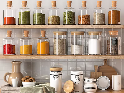 Organized Kitchen Shelves With Glass Spice Jars Wooden Lids And Ceramic Storage Containers 3d model