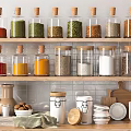 Organized Kitchen Shelves With Glass Spice Jars Wooden Lids And Ceramic Storage Containers