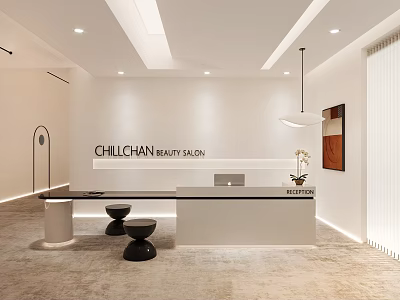 Modern Beauty Salon Interior With Reception Desk Black Stools And Stylish Lighting 3d model