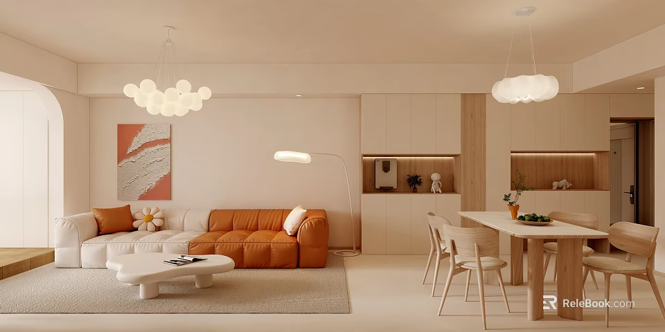 Modern Dining and Living Room Interior With Orange Sofa White Coffee Table And Pendant Lights 3d model 