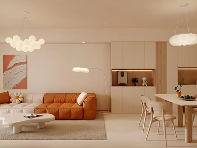 Modern Dining and Living Room Interior With Orange Sofa White Coffee Table And Pendant Lights 3d model