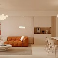 Modern Dining and Living Room Interior With Orange Sofa White Coffee Table And Pendant Lights