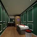 Luxury SPA Sauna Room Interior With Green Walls Wooden Elements Massage Beds And Red Petals