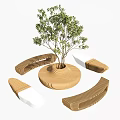 Wooden Public Chairs Arranged Around Circular Platform With Tree 3d model