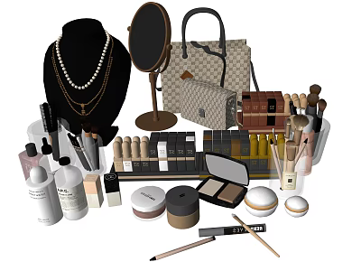 Luxury Perfume And Cosmetics Collection With Lipsticks Brushes Mirror Handbag And Necklace 3d model