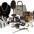 Luxury Perfume And Cosmetics Collection With Lipsticks Brushes Mirror Handbag And Necklace