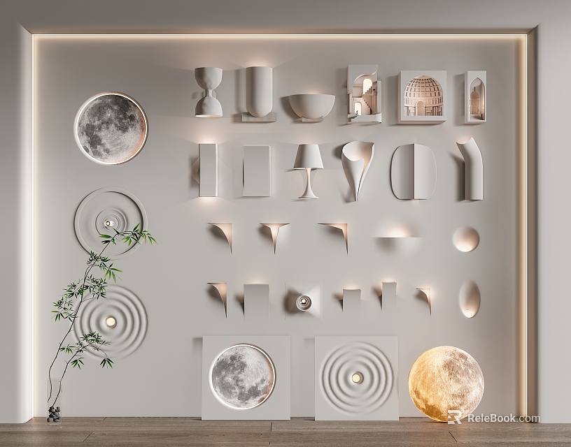 Modern Decorative Wall Lamps with Various Shapes Including Geometric and Moon Patterns for Interior Design 3d model 