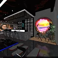 Starry Sky Themed Casual Bar With Astronaut Design And Outdoor Seating Area