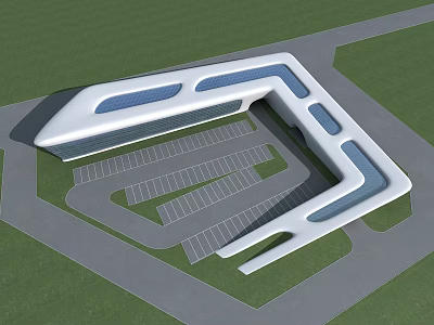 Modern Architectural Building Featuring Irregular Shape Glass Windows Parking Lot And Green Lawn 3d model