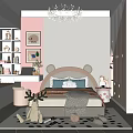 Pink And White Kids Room Interior With Bear Ear Bedhead Chandelier And Toy Shelves