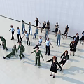 Group of People in Various Poses Standing and Moving in Spacious Indoor Area With White Floor and Walls
