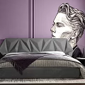Modern Double Bed With Geometric Headboard On Purple Wall And Black White Portrait Mural
