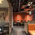 Elegant Modern Restaurant Interior With Wooden Counter Hanging Lamps Green Plants And Seating Areas