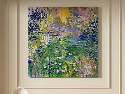 Water Lilies Oil Painting With Blue Flowers Green Plants And Yellow Background 3d model
