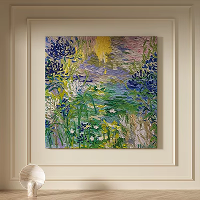 Water Lilies Oil Painting With Blue Flowers Green Plants And Yellow Background 3d model