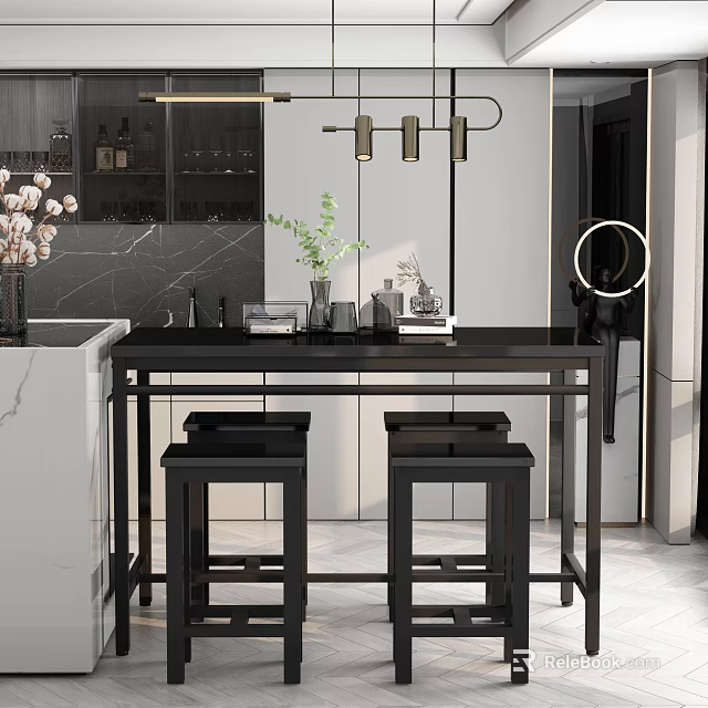 Modern Black Dining Table Set With Stools And Marble Backdrop Decorative Plants 3d model