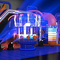 Futuristic Stage Setup With Neon Lights Colorful Stripes And Central Control Console