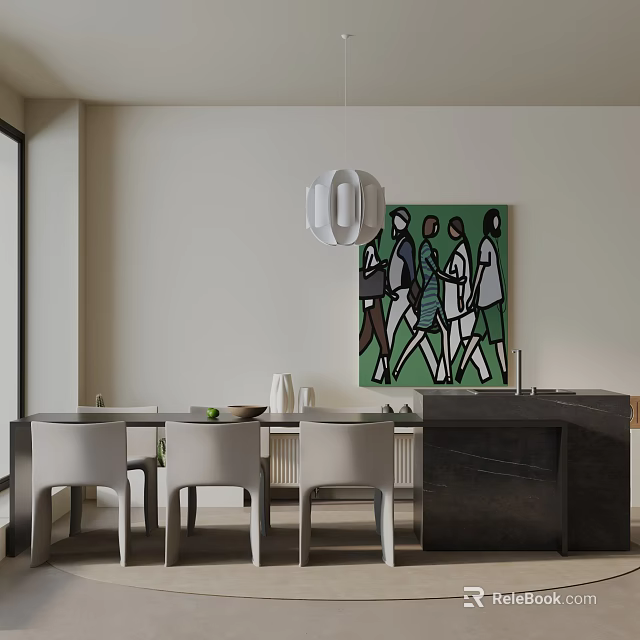 Modern Dining Table Set With White Chairs Green Figurative Artwork And White Pendant Light 3d model 