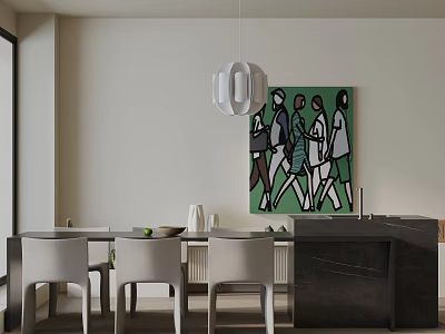 Modern Dining Table Set With White Chairs Green Figurative Artwork And White Pendant Light 3d model