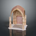 Elegant Arched Stone Gate with Carved Decorations Double Doors and Ornate Stone Pillars
