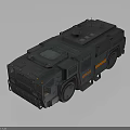 Dark Military Vehicle With Orange Stripes Roof Equipment And Multiple Wheels 3D Rendering