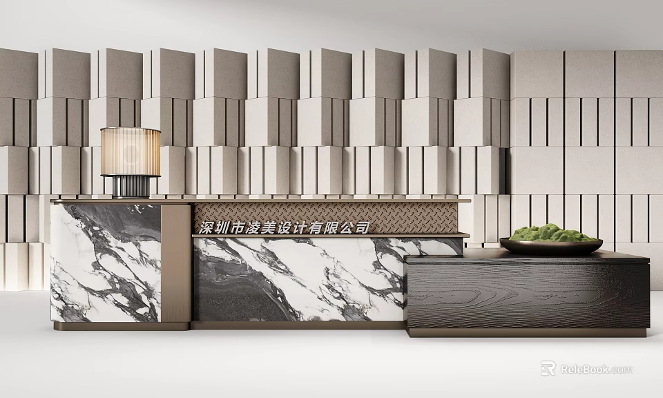 Elegant Modern Reception Desk With Marble Counter Gray Geometric Wall And Decorative Lamp 3d model 