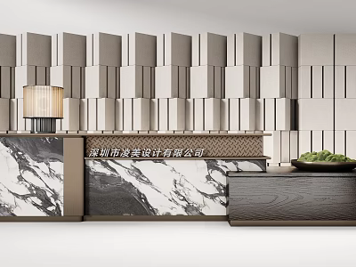 Elegant Modern Reception Desk With Marble Counter Gray Geometric Wall And Decorative Lamp 3d model