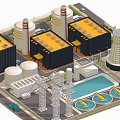 Cartoon Industrial Scene Featuring Factory Buildings Cooling Towers Storage Tanks Power Towers Truck And Trees