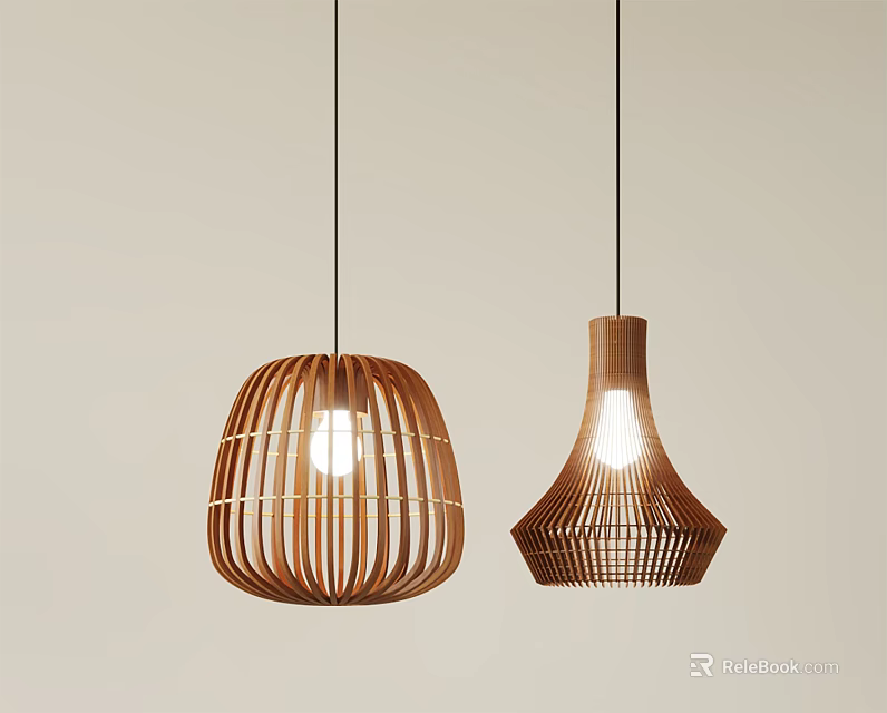 Bamboo Pendant Lights With Woven Texture Dome and Vase Shaped Illuminated Against Light Background 3d model 
