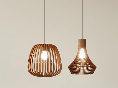 Bamboo Pendant Lights With Woven Texture Dome and Vase Shaped Illuminated Against Light Background 3d model