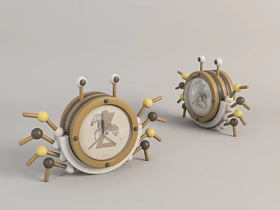 Two Decorative Clocks With Wooden And Metal Frames Mechanical Arm Details And Patterned Dials 3d model