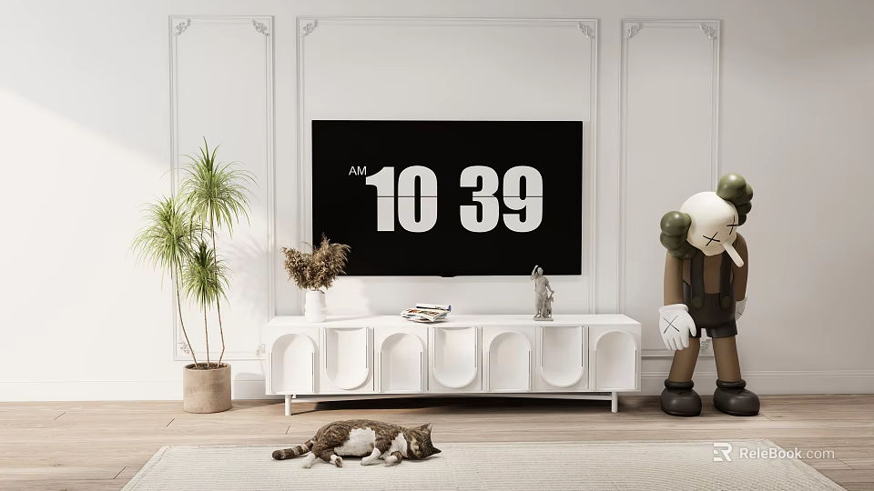 Modern White TV Stand with TV Potted Plant KAWS Figure and Cat on Rug 3d model 