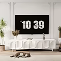 Modern White TV Stand with TV Potted Plant KAWS Figure and Cat on Rug