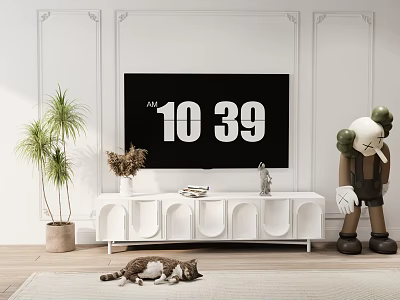 Modern White TV Stand with TV Potted Plant KAWS Figure and Cat on Rug 3d model